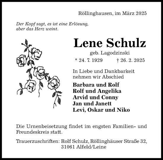 Traueranzeige von Lene Schulz von Hildesheimer Allgemeine Zeitung