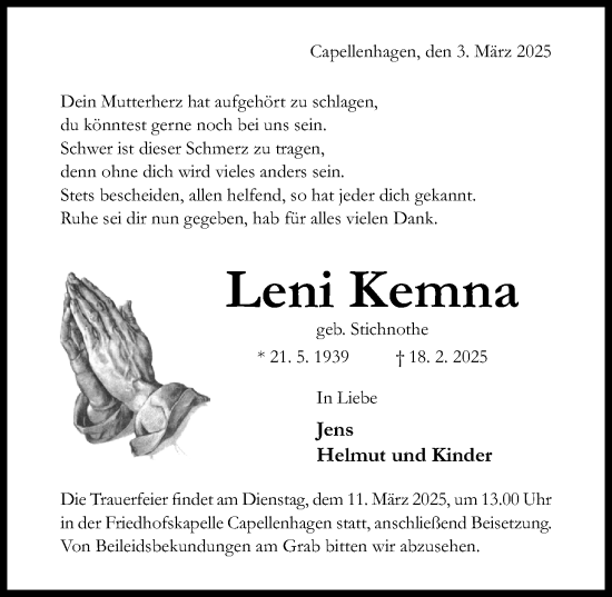Traueranzeige von Leni Kemna von Hildesheimer Allgemeine Zeitung