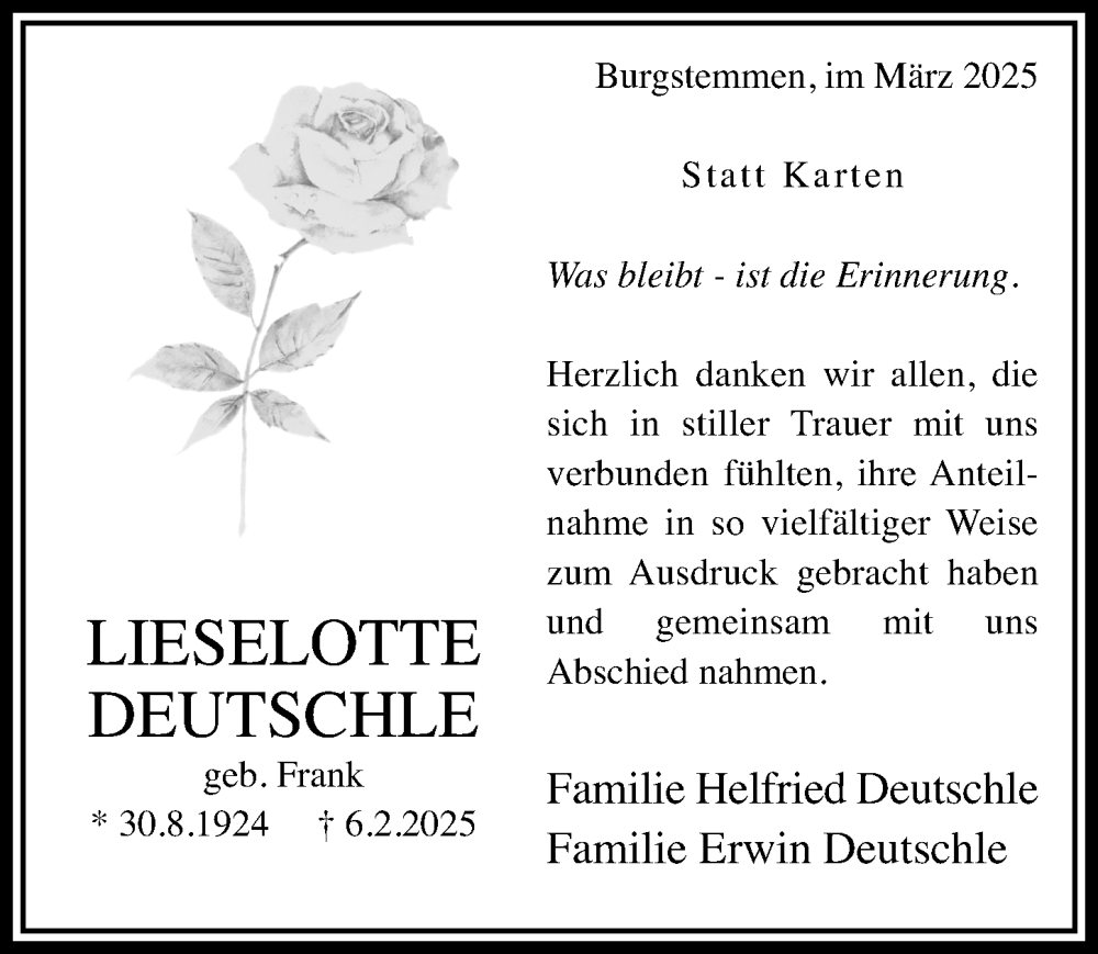  Traueranzeige für Lieselotte Deutschle vom 19.03.2025 aus Hildesheimer Allgemeine Zeitung