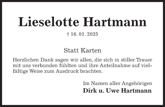 Traueranzeige von Lieselotte Hartmann von Hildesheimer Allgemeine Zeitung