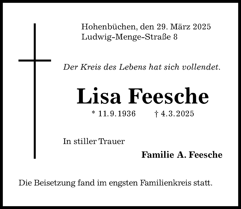  Traueranzeige für Lisa Feesche vom 29.03.2025 aus Hildesheimer Allgemeine Zeitung