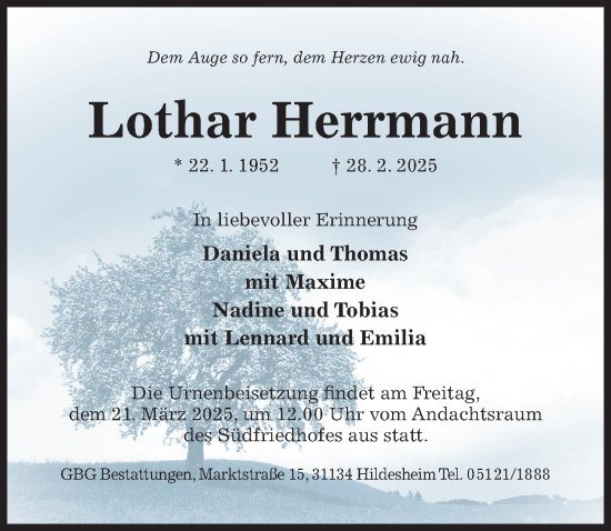 Traueranzeige von Lothar Herrmann von Hildesheimer Allgemeine Zeitung
