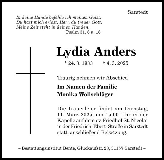 Traueranzeige von Lydia Anders von Hildesheimer Allgemeine Zeitung
