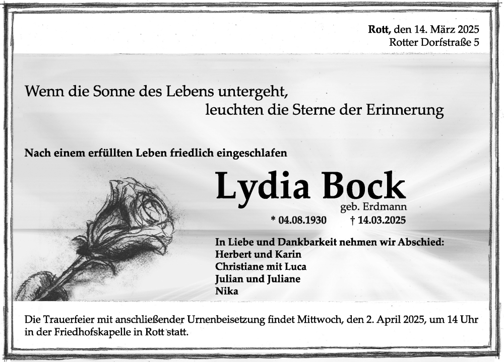  Traueranzeige für Lydia Bock vom 22.03.2025 aus Hildesheimer Allgemeine Zeitung