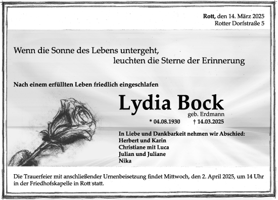 Traueranzeige von Lydia Bock von Hildesheimer Allgemeine Zeitung