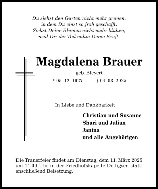 Traueranzeige von Magdalena Brauer von Hildesheimer Allgemeine Zeitung