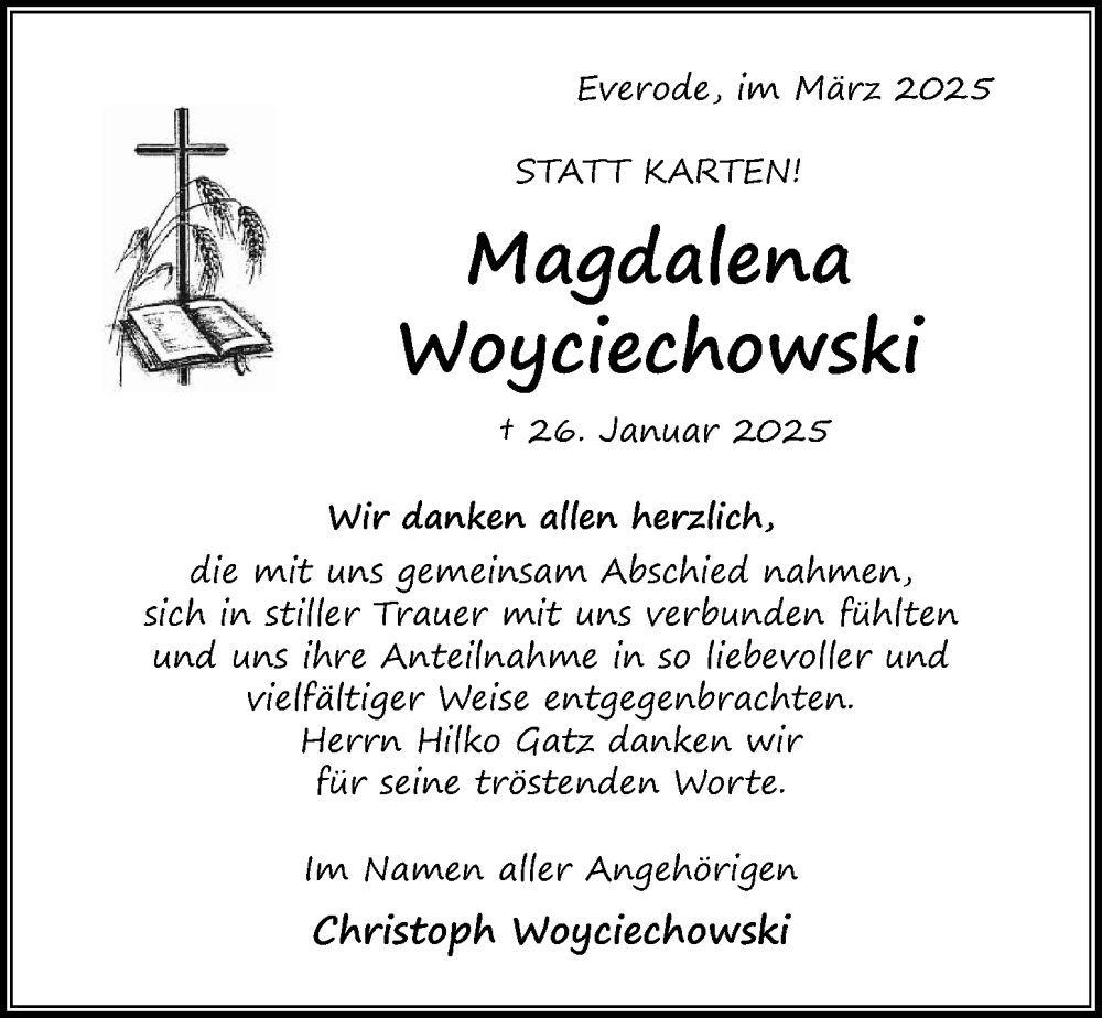  Traueranzeige für Magdalena Woyciechowski vom 01.03.2025 aus Hildesheimer Allgemeine Zeitung