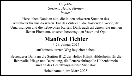 Traueranzeige von Manfred Tichter von Hildesheimer Allgemeine Zeitung