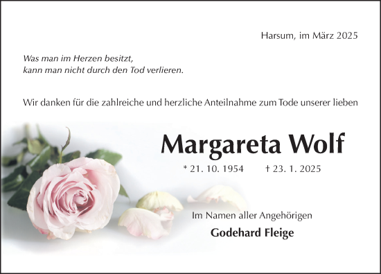 Traueranzeige von Margareta Wolf von Hildesheimer Allgemeine Zeitung