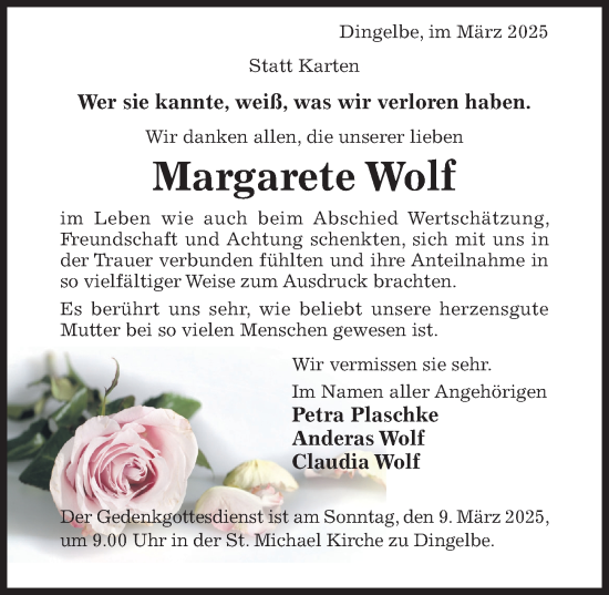 Traueranzeige von Margarete Wolf von Hildesheimer Allgemeine Zeitung