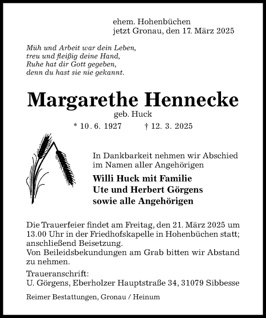Traueranzeige von Margarethe Hennecke von Hildesheimer Allgemeine Zeitung