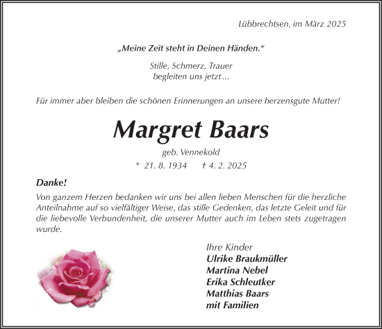 Traueranzeige von Margret Baars von Hildesheimer Allgemeine Zeitung