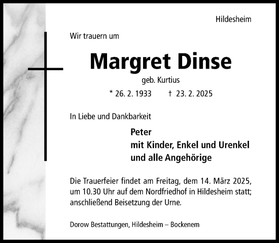 Traueranzeige von Margret Dinse von Hildesheimer Allgemeine Zeitung