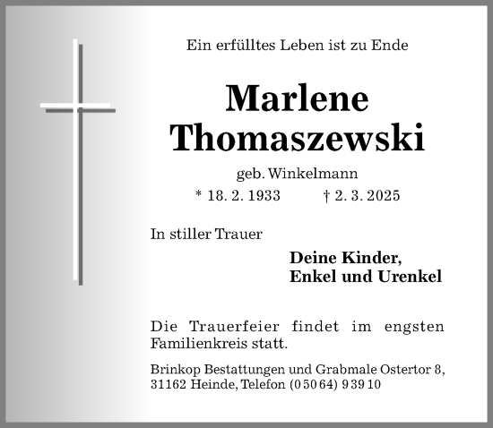 Traueranzeige von Marlene Thomaszewski von Hildesheimer Allgemeine Zeitung