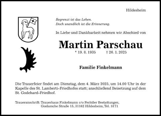 Traueranzeige von Martin Parschau von Hildesheimer Allgemeine Zeitung