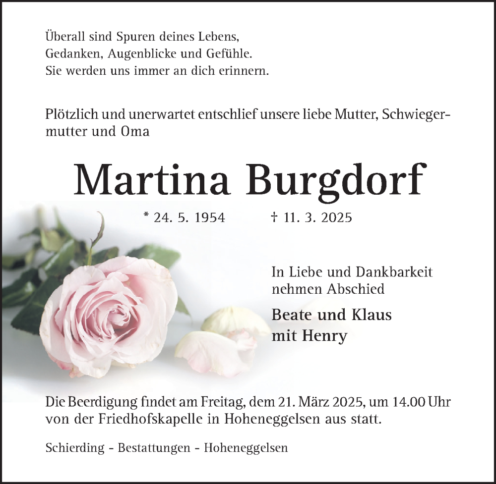 Traueranzeige für Martina Burgdorf vom 19.03.2025 aus Hildesheimer Allgemeine Zeitung