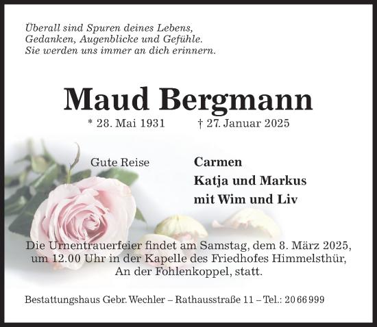 Traueranzeige von Maud Bergmann von Hildesheimer Allgemeine Zeitung