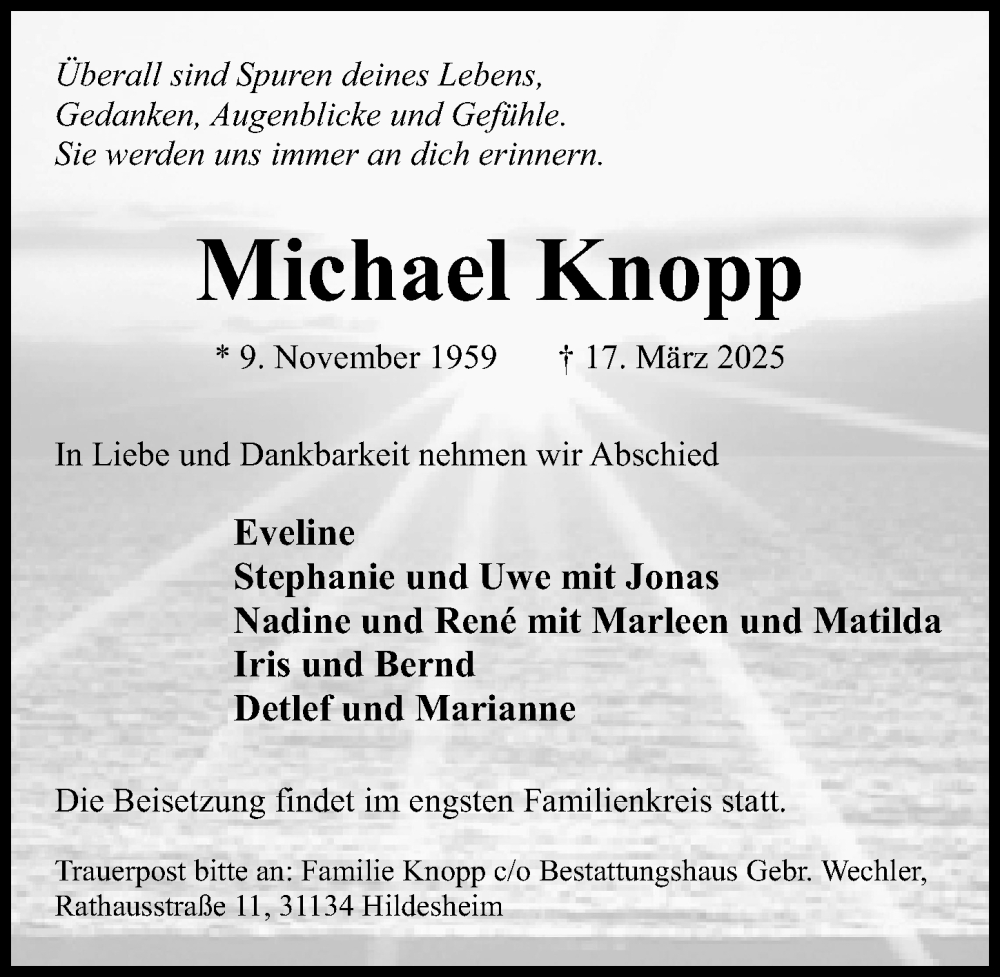  Traueranzeige für Michael Knopp vom 19.03.2025 aus Hildesheimer Allgemeine Zeitung