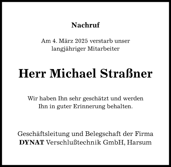 Traueranzeige von Michael Straßner von Hildesheimer Allgemeine Zeitung
