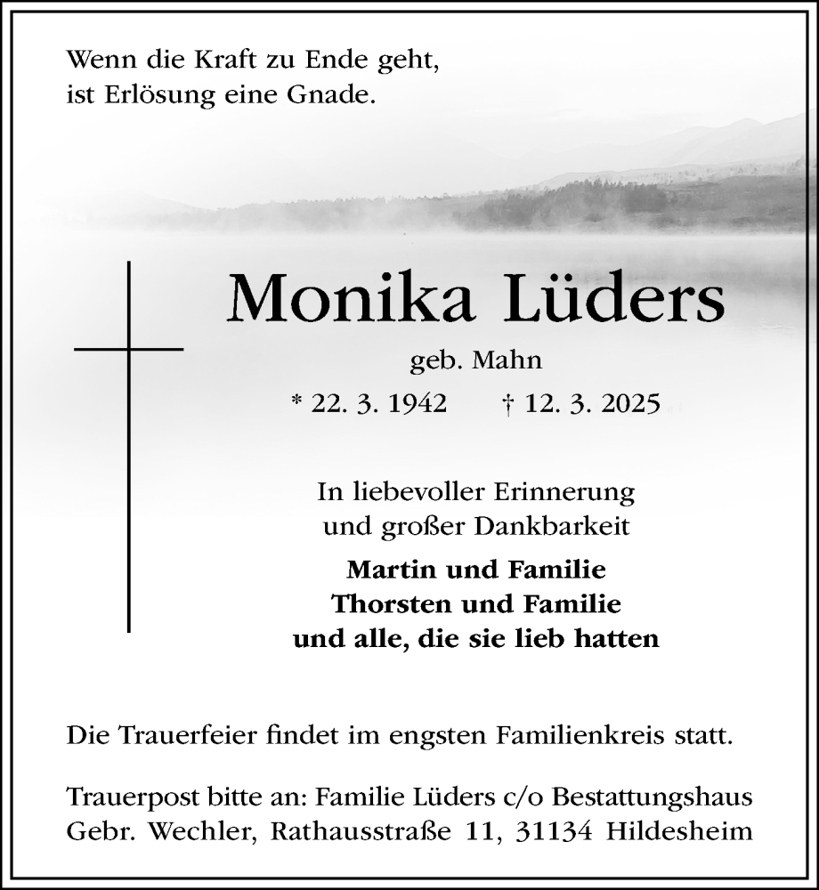  Traueranzeige für Monika Lüders vom 26.03.2025 aus Hildesheimer Allgemeine Zeitung