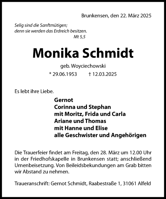 Traueranzeige von Monika Schmidt von Hildesheimer Allgemeine Zeitung