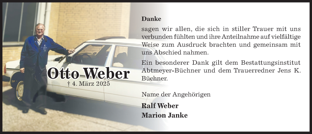  Traueranzeige für Otto Weber vom 29.03.2025 aus Hildesheimer Allgemeine Zeitung