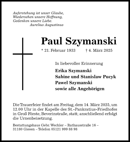 Traueranzeige von Paul Szymanski von Hildesheimer Allgemeine Zeitung