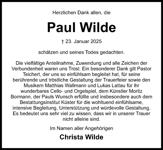Traueranzeige von Paul Wilde von Hildesheimer Allgemeine Zeitung