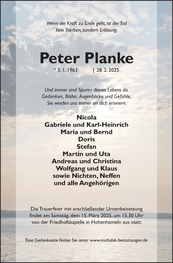 Traueranzeige von Peter Planke von Hildesheimer Allgemeine Zeitung