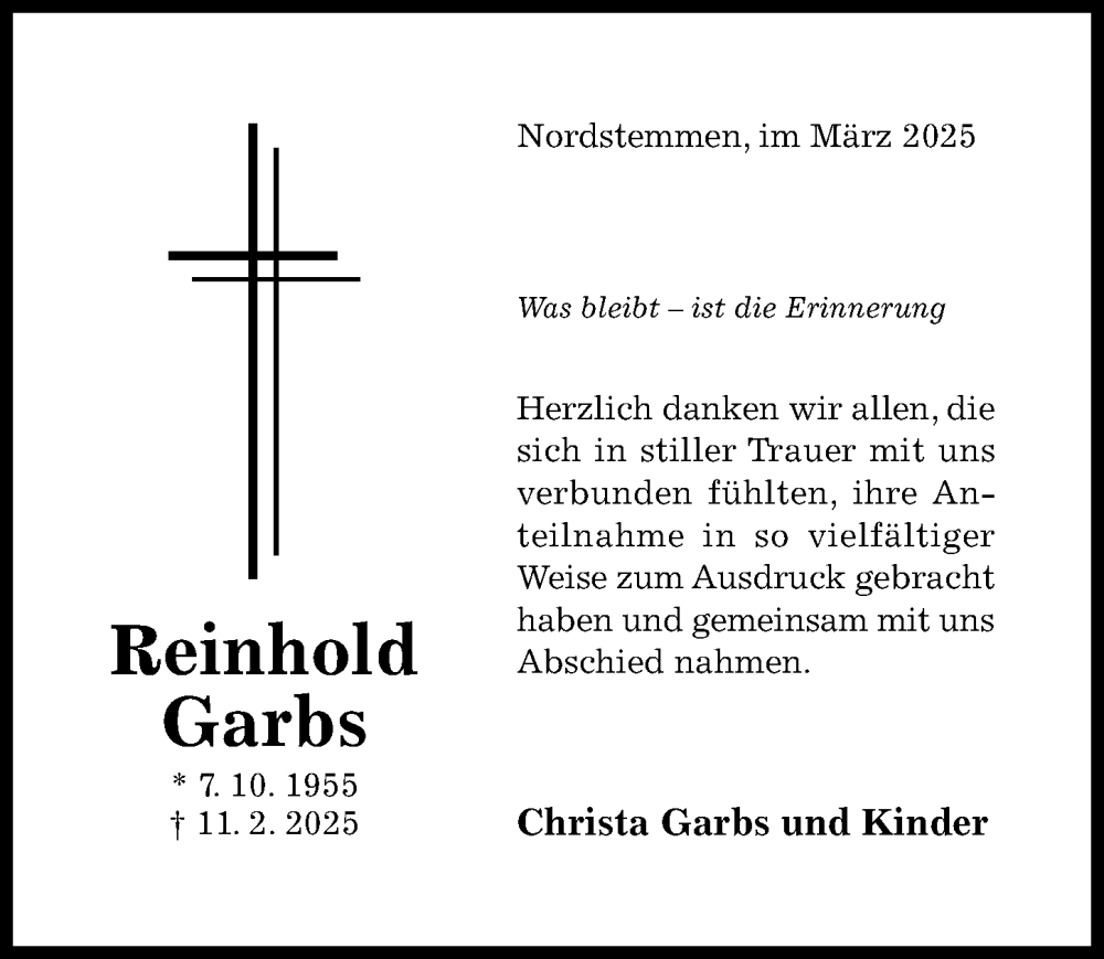  Traueranzeige für Reinhold Garbs vom 29.03.2025 aus Hildesheimer Allgemeine Zeitung
