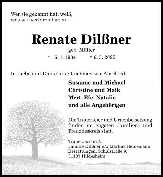 Traueranzeige von Renate Dilßner von Hildesheimer Allgemeine Zeitung