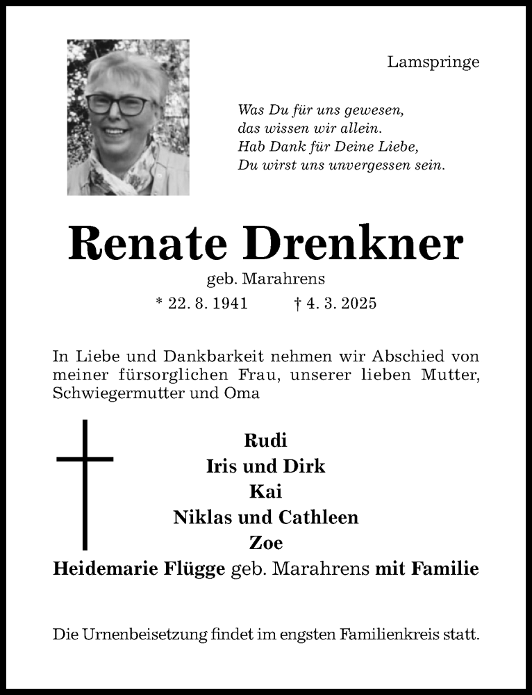  Traueranzeige für Renate Drenkner vom 12.03.2025 aus Hildesheimer Allgemeine Zeitung