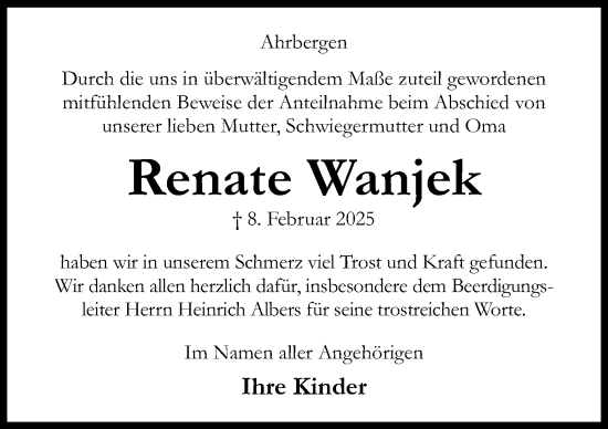 Traueranzeige von Renate Wanjek von Hildesheimer Allgemeine Zeitung