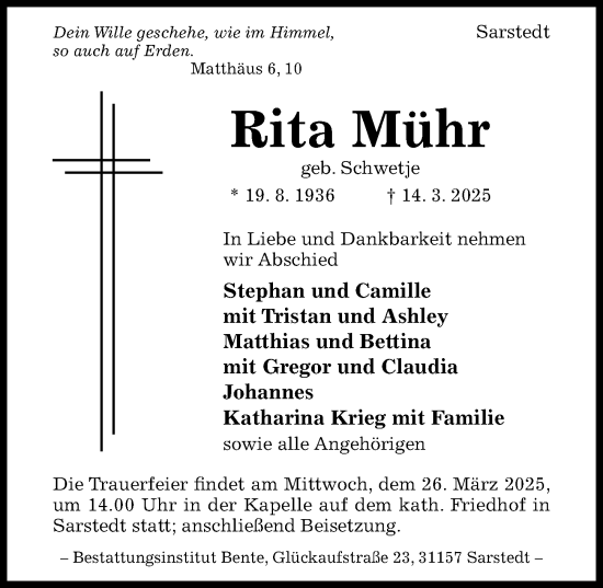 Traueranzeige von Rita Mühr von Hildesheimer Allgemeine Zeitung