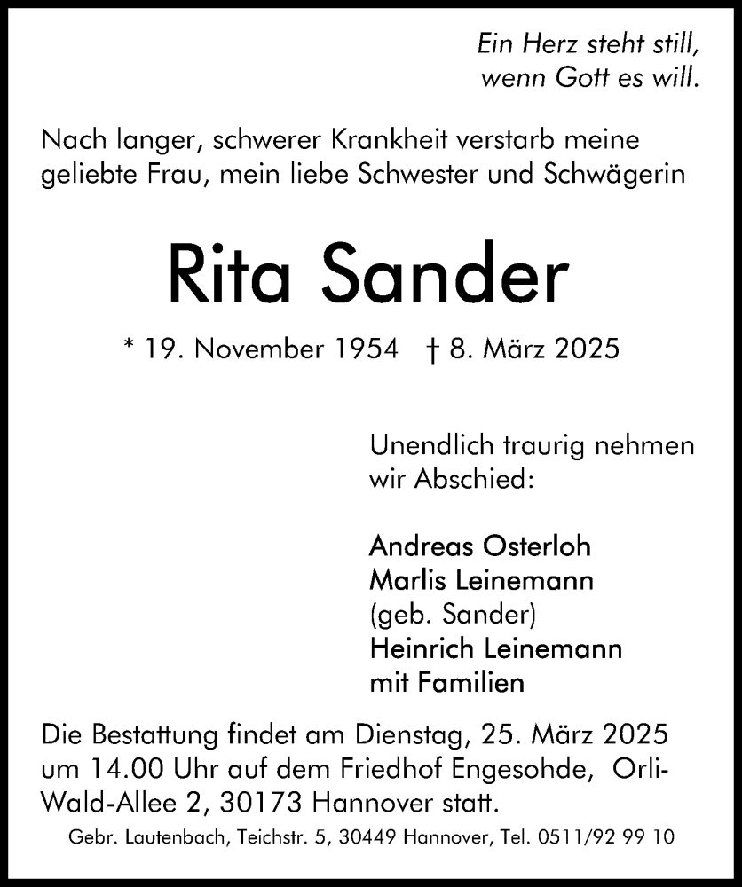  Traueranzeige für Rita Sander vom 19.03.2025 aus Hildesheimer Allgemeine Zeitung