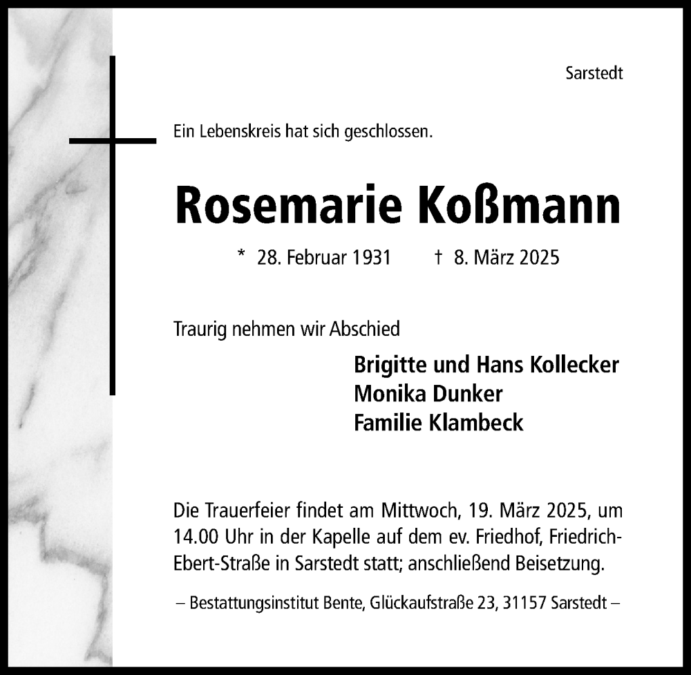  Traueranzeige für Rosemarie Koßmann vom 12.03.2025 aus Hildesheimer Allgemeine Zeitung