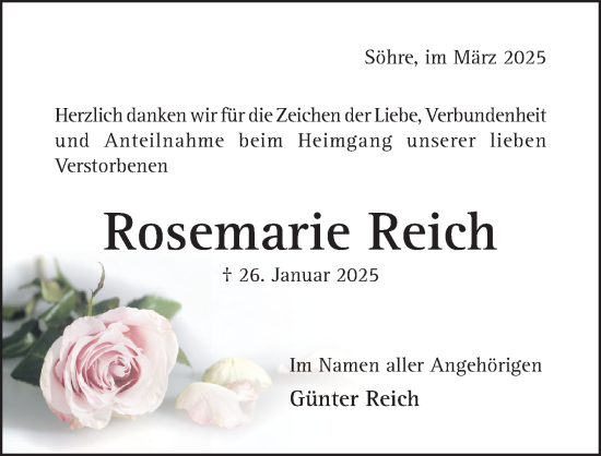 Traueranzeige von Rosemarie Reich von Hildesheimer Allgemeine Zeitung