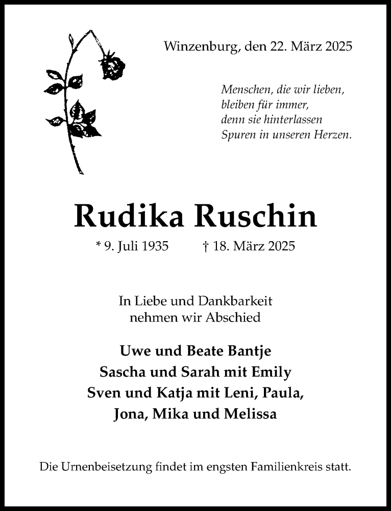  Traueranzeige für Rudika Ruschin vom 22.03.2025 aus Hildesheimer Allgemeine Zeitung