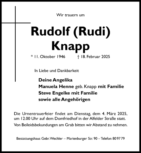 Traueranzeige von Rudolf Knapp von Hildesheimer Allgemeine Zeitung