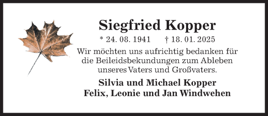 Traueranzeige von Siegfried Kopper von Hildesheimer Allgemeine Zeitung