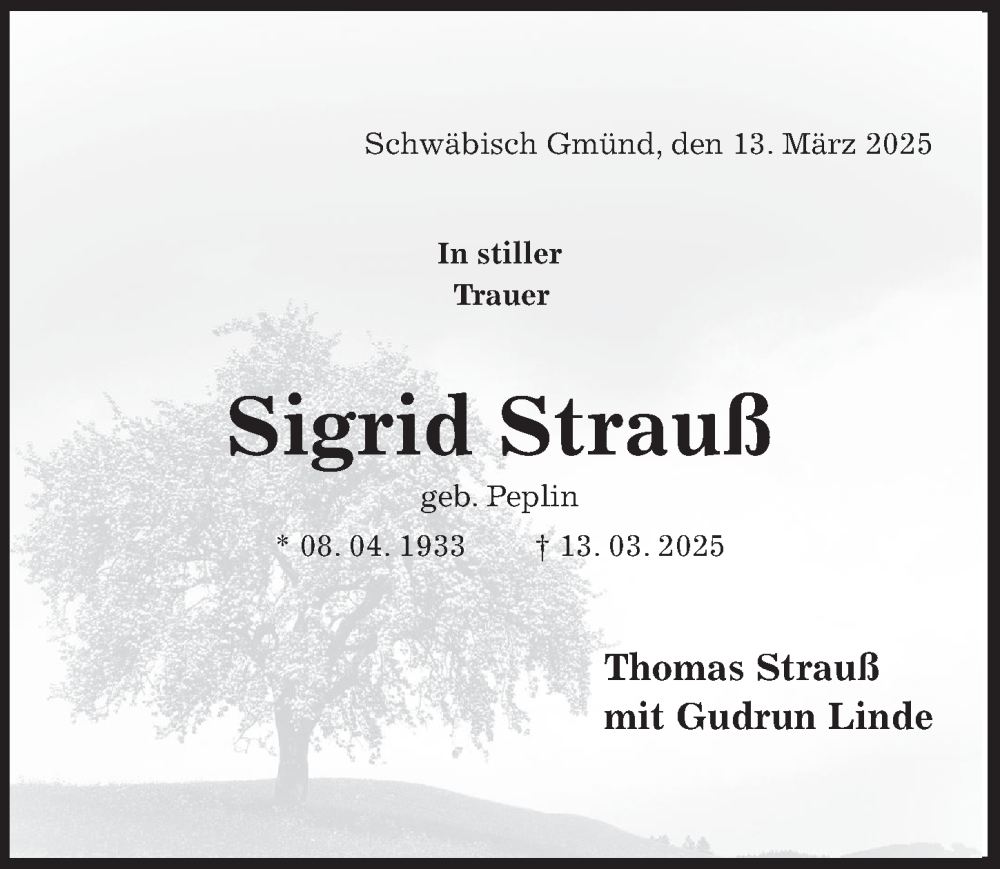  Traueranzeige für Sigrid Strauß vom 19.03.2025 aus Hildesheimer Allgemeine Zeitung