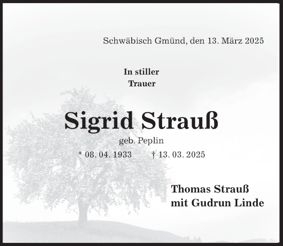 Traueranzeige von Sigrid Strauß von Hildesheimer Allgemeine Zeitung
