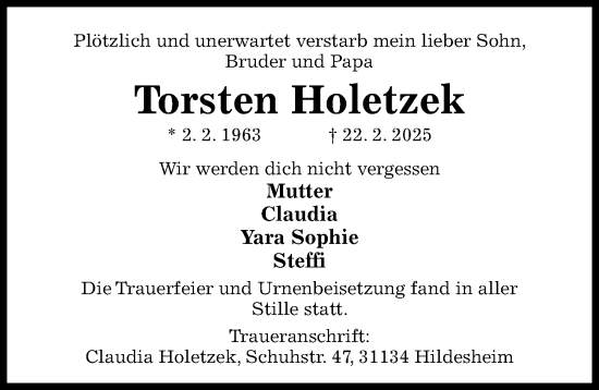 Traueranzeige von Torsten Holetzek von Hildesheimer Allgemeine Zeitung
