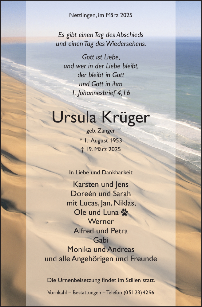  Traueranzeige für Ursula Krüger vom 26.03.2025 aus Hildesheimer Allgemeine Zeitung