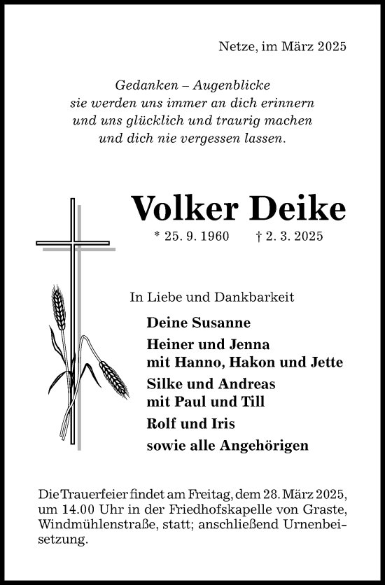 Traueranzeige von Volker Deike von Hildesheimer Allgemeine Zeitung