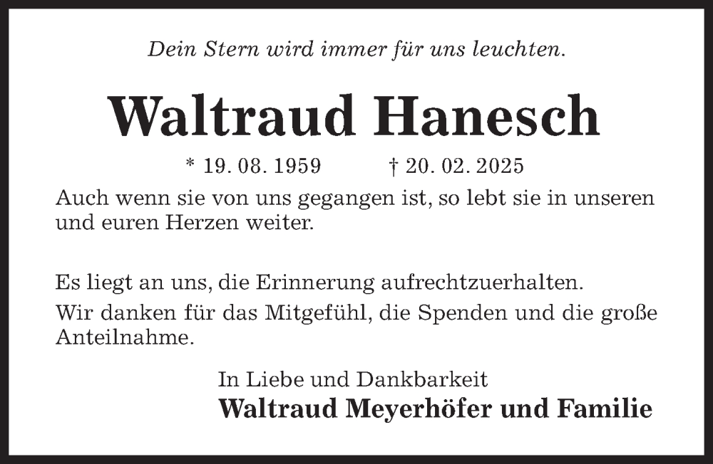 Traueranzeige für Waltraud Hanesch vom 19.03.2025 aus Hildesheimer Allgemeine Zeitung