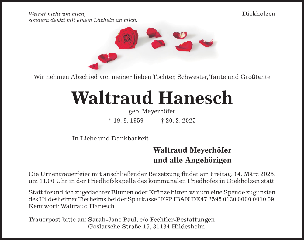  Traueranzeige für Waltraud Hanesch vom 12.03.2025 aus Hildesheimer Allgemeine Zeitung