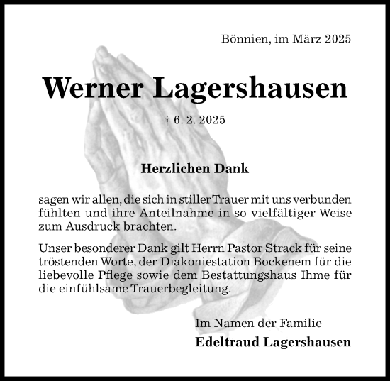 Traueranzeige von Werner Lagershausen von Hildesheimer Allgemeine Zeitung