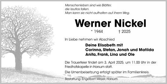 Traueranzeige von Werner Nickel von Hildesheimer Allgemeine Zeitung