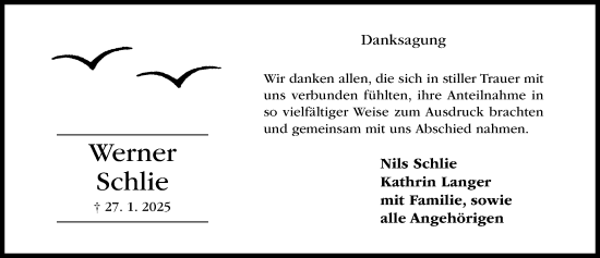Traueranzeige von Werner Schlie von Hildesheimer Allgemeine Zeitung